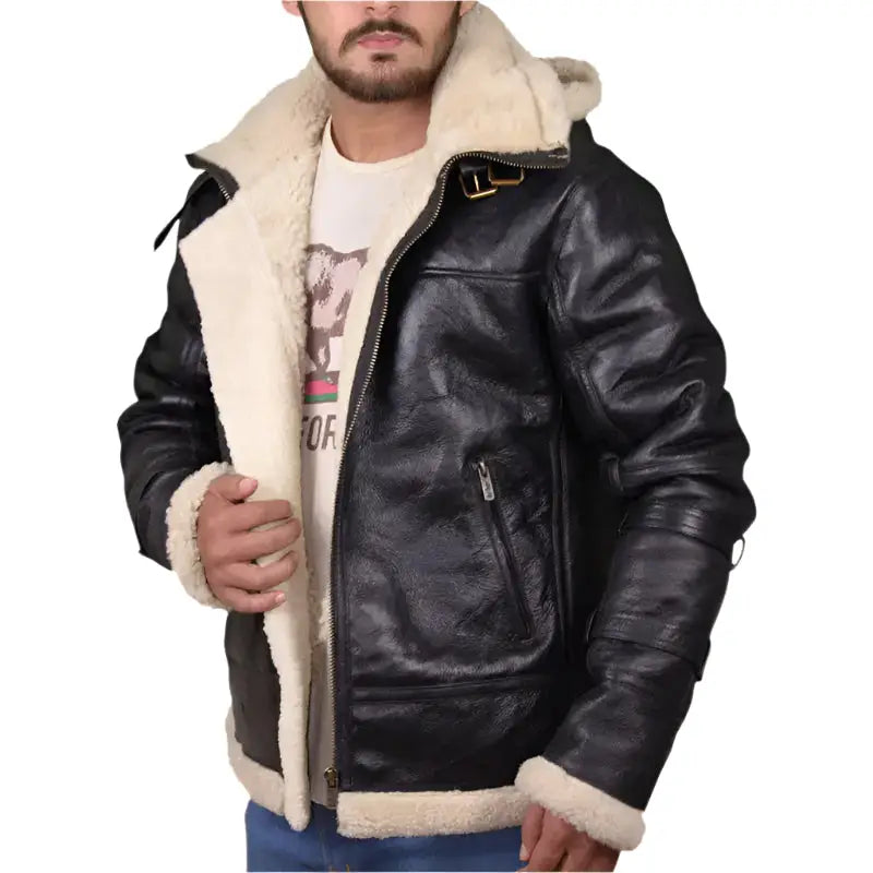 Mens Black B3 Bomber Aviator Shearling Leather Jacket - Riders Republic UK