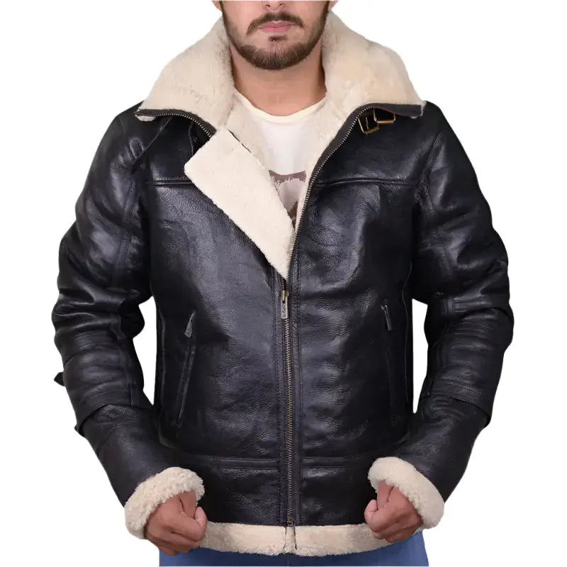 Mens Black B3 Bomber Aviator Shearling Leather Jacket - Riders Republic UK