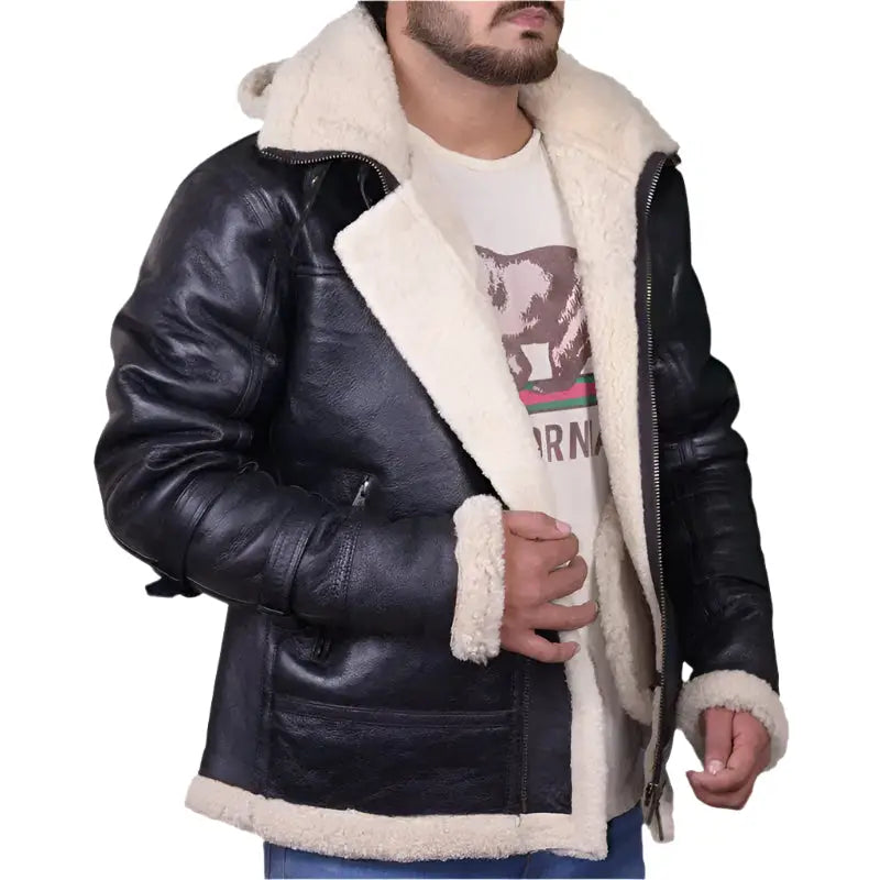 Mens Black B3 Bomber Aviator Shearling Leather Jacket - Riders Republic UK