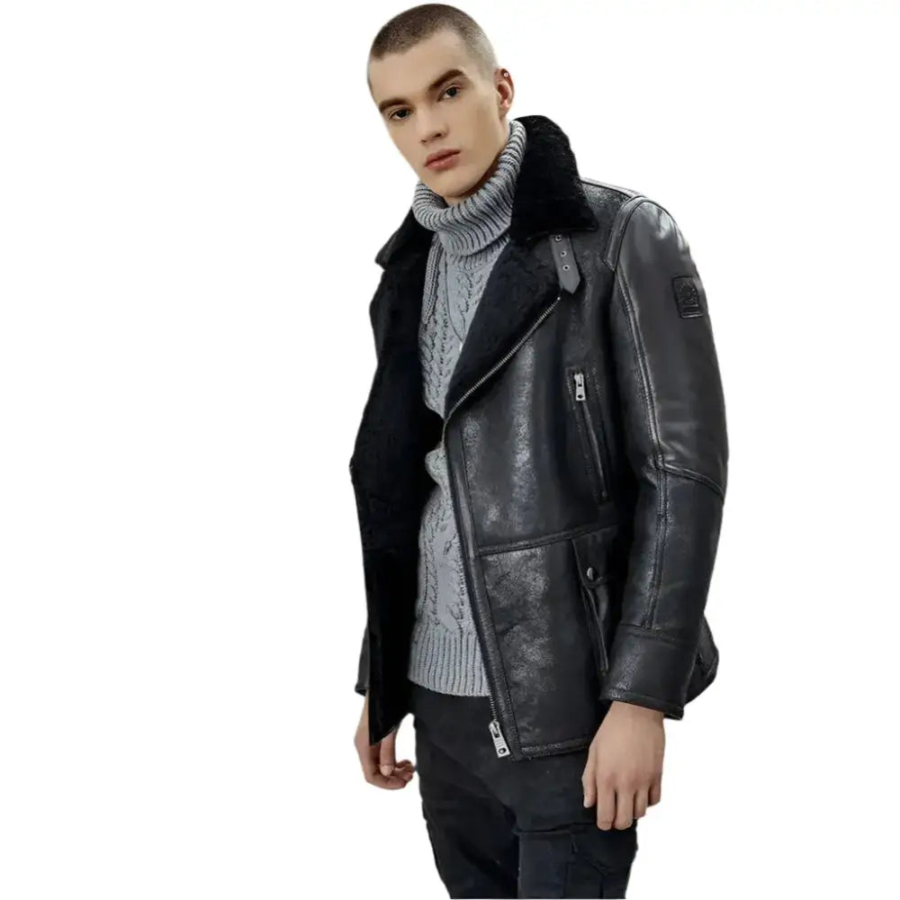 Mens Black B3 Shearling Bomber Jacket - Riders Republic UK