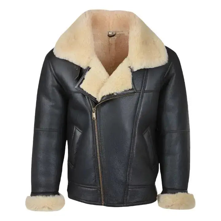 Mens Black Shearling Bomber Leather Aviator Jacket - Riders Republic UK