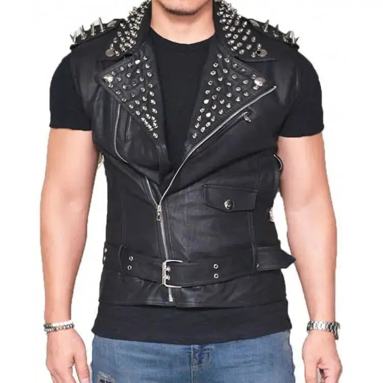 Mens Black Leather Spike Biker Vest - Riders Republic UK