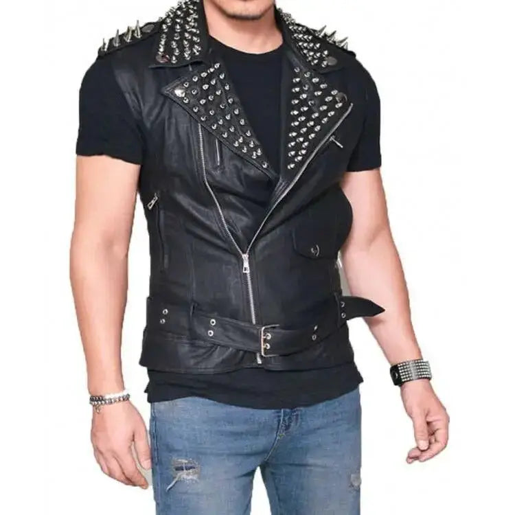 Mens Black Leather Spike Biker Vest - Riders Republic UK