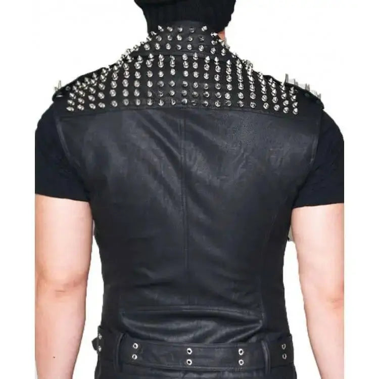 Mens Black Leather Spike Biker Vest - Riders Republic UK