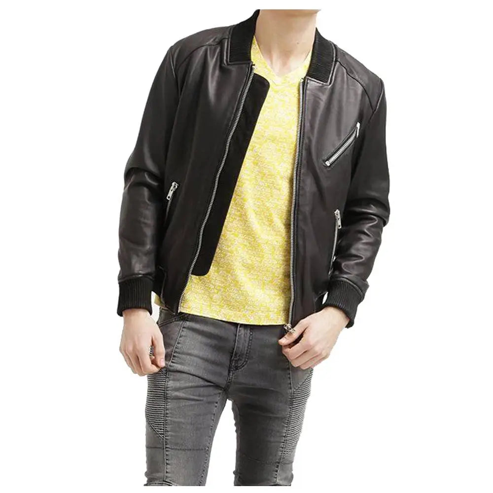 Mens Black Leather Bomber Jacket - Riders Republic UK