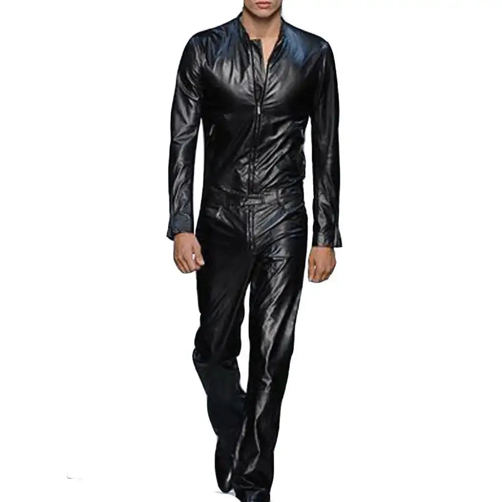 Men’s black lamb leather runway jumpsuit with long sleeves, front zipper and fully lined interior
