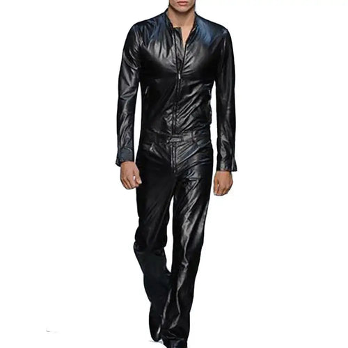 Men’s black lamb leather runway jumpsuit with long sleeves, front zipper and fully lined interior