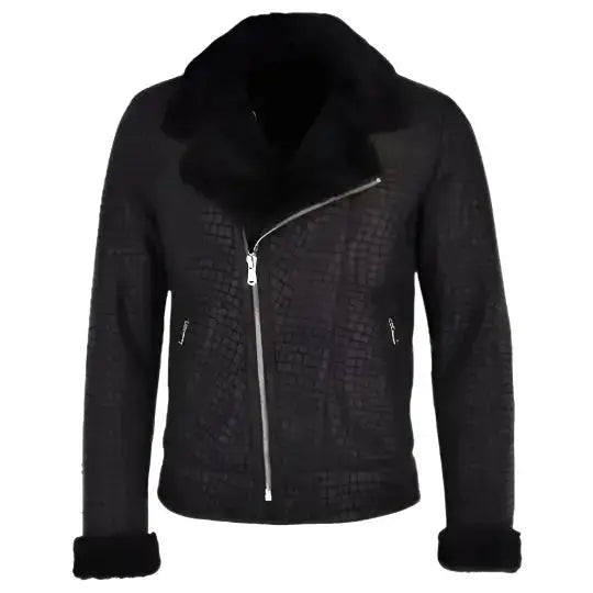 Black Crocodile Print Sheepskin Coat - Riders Republic UK