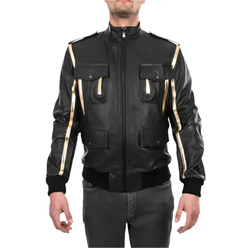 Black and Gold Lamb Leather Bomber Jacket - Riders Republic UK