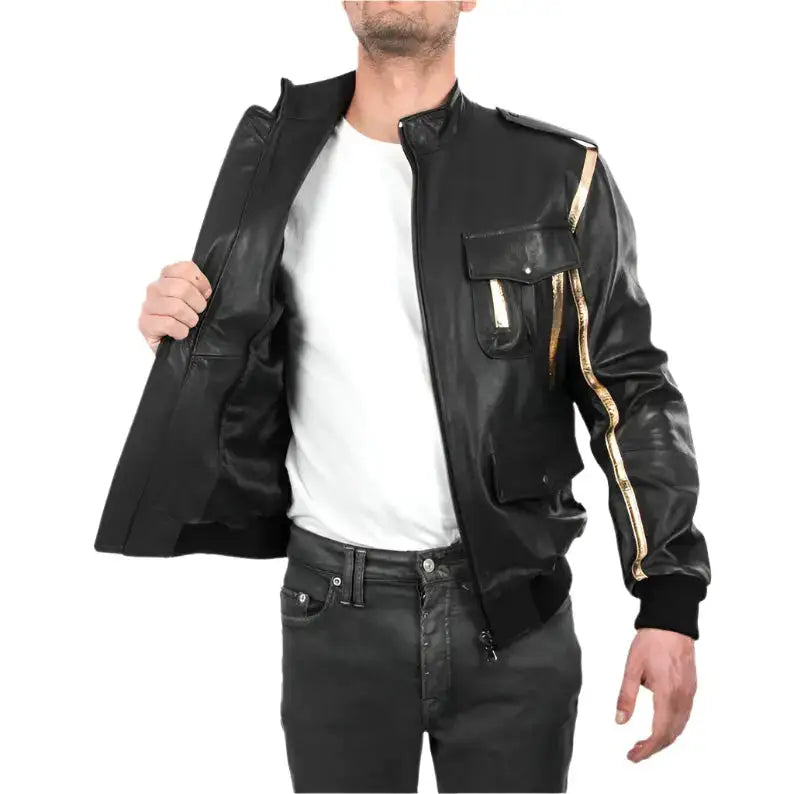 Black and Gold Lamb Leather Bomber Jacket - Riders Republic UK