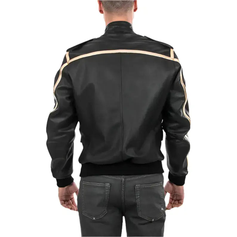 Black and Gold Lamb Leather Bomber Jacket - Riders Republic UK