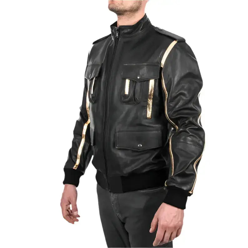 Black and Gold Lamb Leather Bomber Jacket - Riders Republic UK
