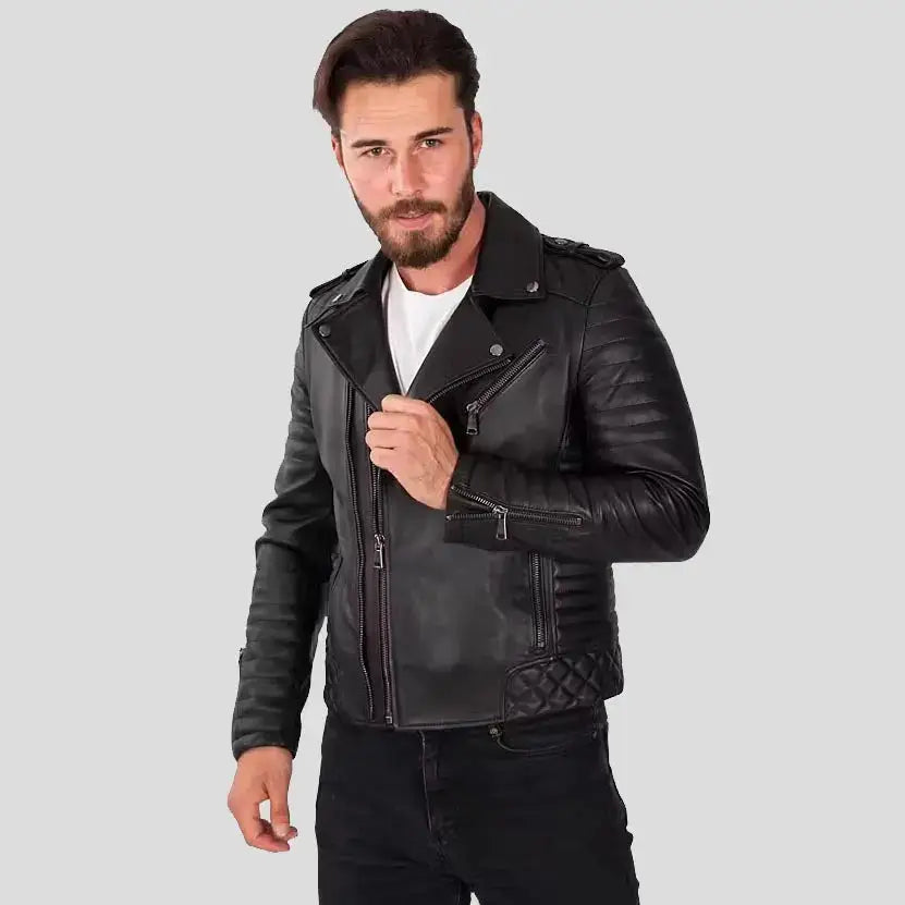 Black Lambskin Leather Biker Jacket for Men - Riders Republic UK