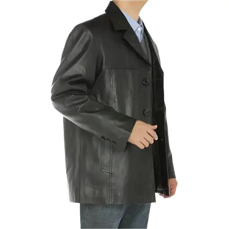 Mens Black Lambskin Leather Overcoat Blazer Jacket - Riders Republic UK