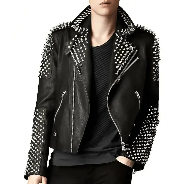Mens Black Leather Studded Biker Jacket - Riders Republic UK