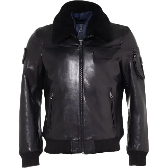 Mens Black Leather Bomber Jacket Fur Collar - Riders Republic UK