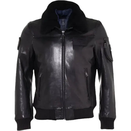 Mens Black Leather Bomber Jacket Fur Collar - Riders Republic UK