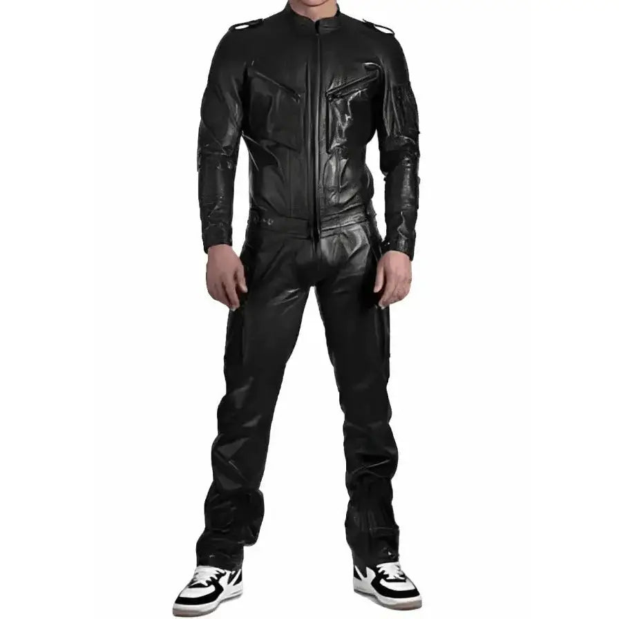 Men’s Black Leather Jumpsuit with Straps - Riders Republic UK
