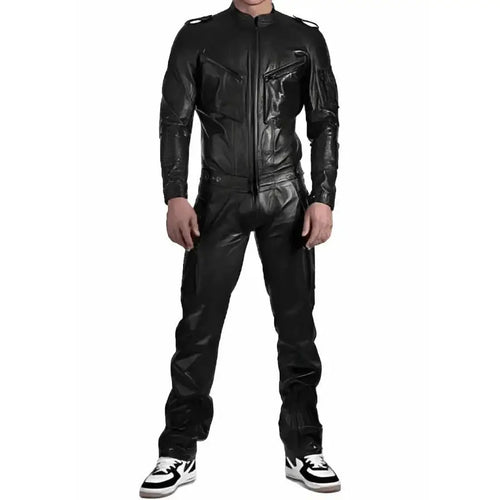 Men’s Black Leather Jumpsuit with Straps - Riders Republic UK
