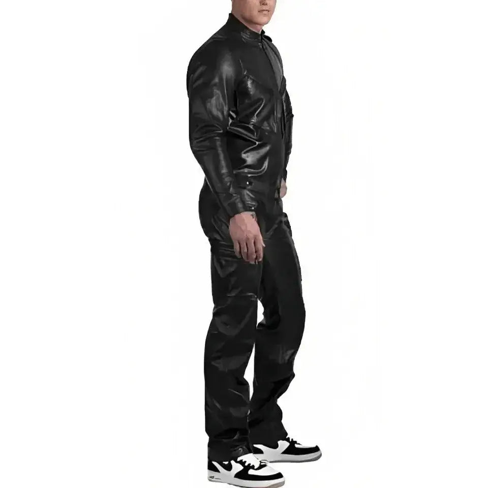 Men’s Black Leather Jumpsuit with Straps - Riders Republic UK