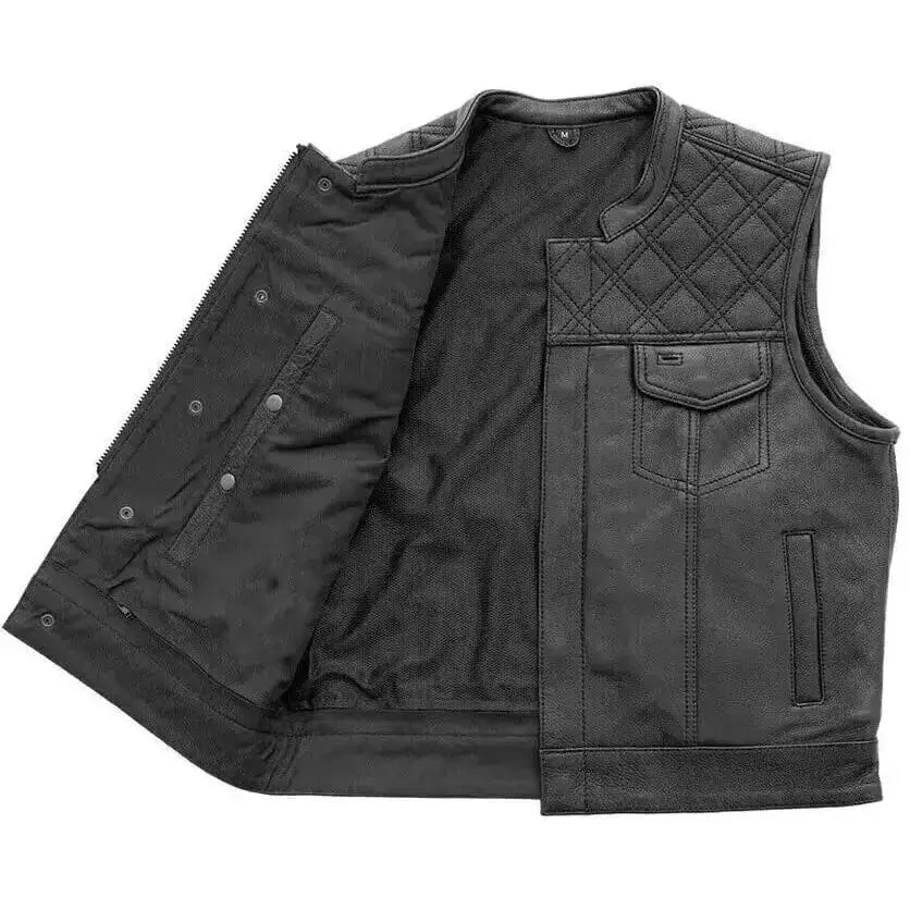 Mens Black Leather Motorcycle Vest - Riders Republic UK