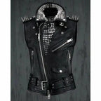 Studded Black Leather Biker Vest - Riders Republic UK