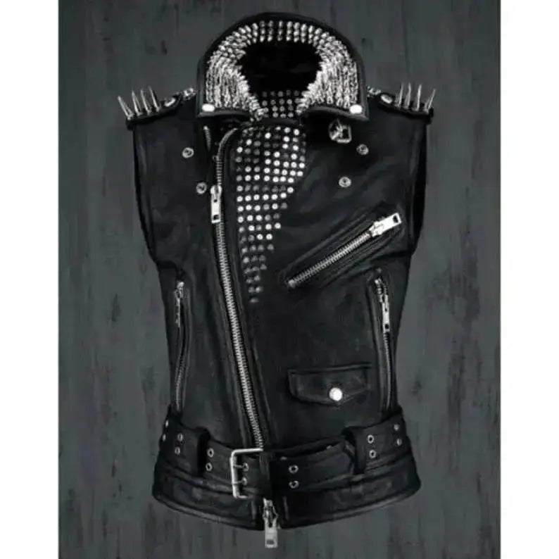 Studded Black Leather Biker Vest - Riders Republic UK