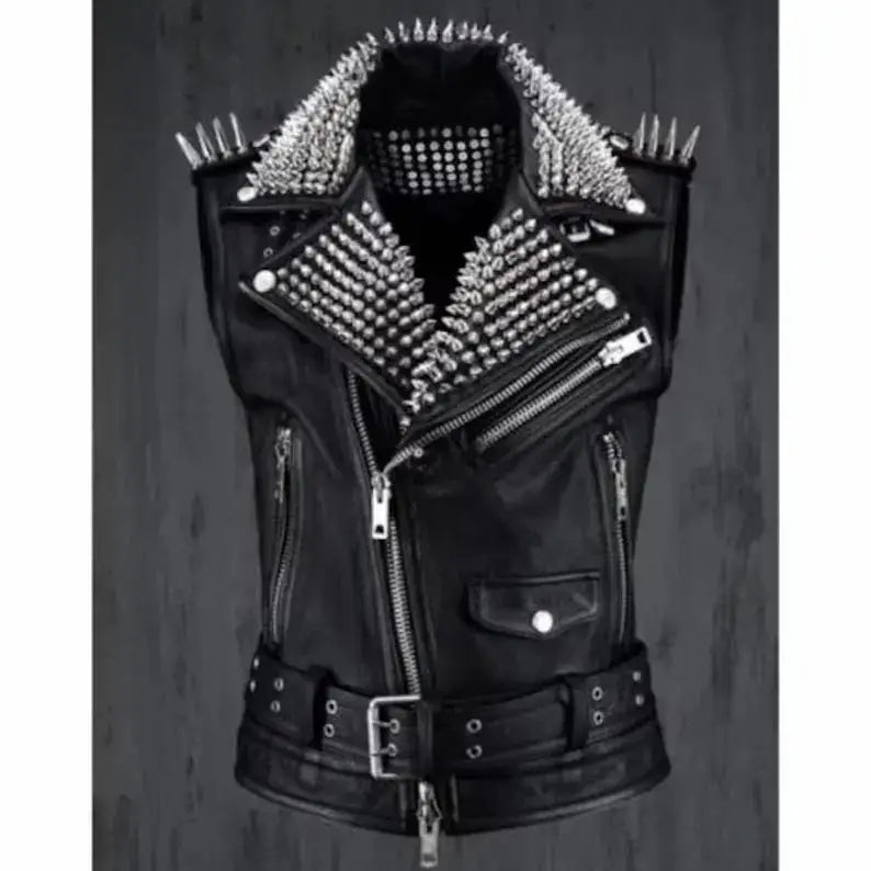 Studded Black Leather Biker Vest - Riders Republic UK
