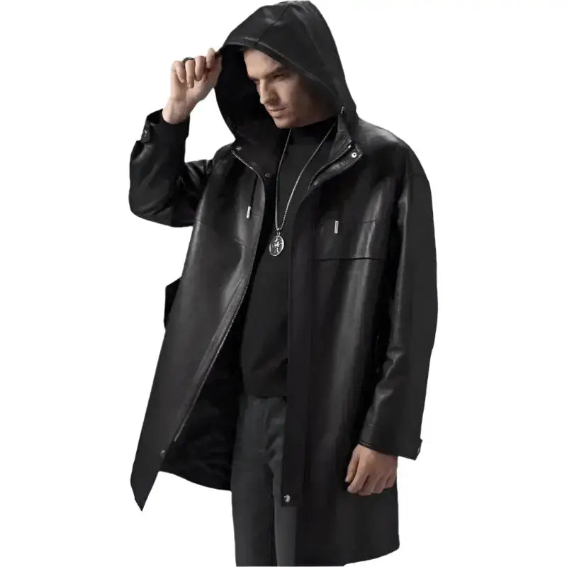 Mens Black Leather Hooded Coat - Riders Republic UK
