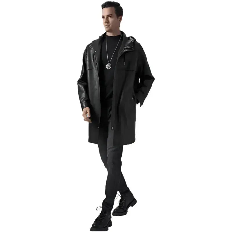 Mens Black Leather Hooded Coat - Riders Republic UK