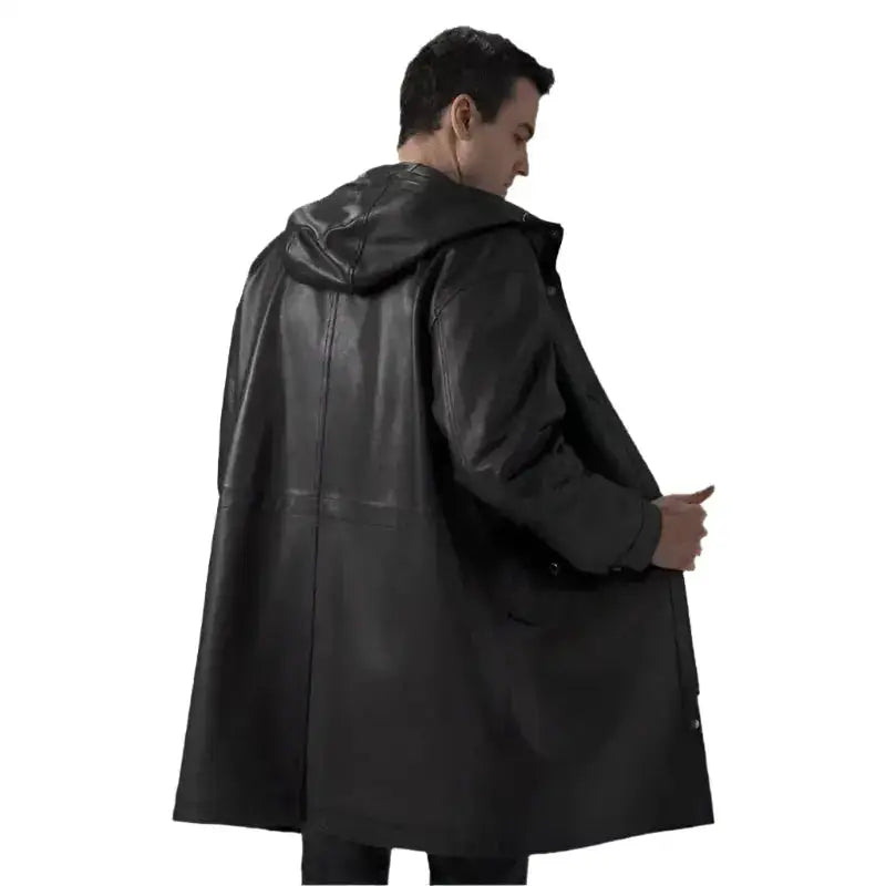 Mens Black Leather Hooded Coat - Riders Republic UK