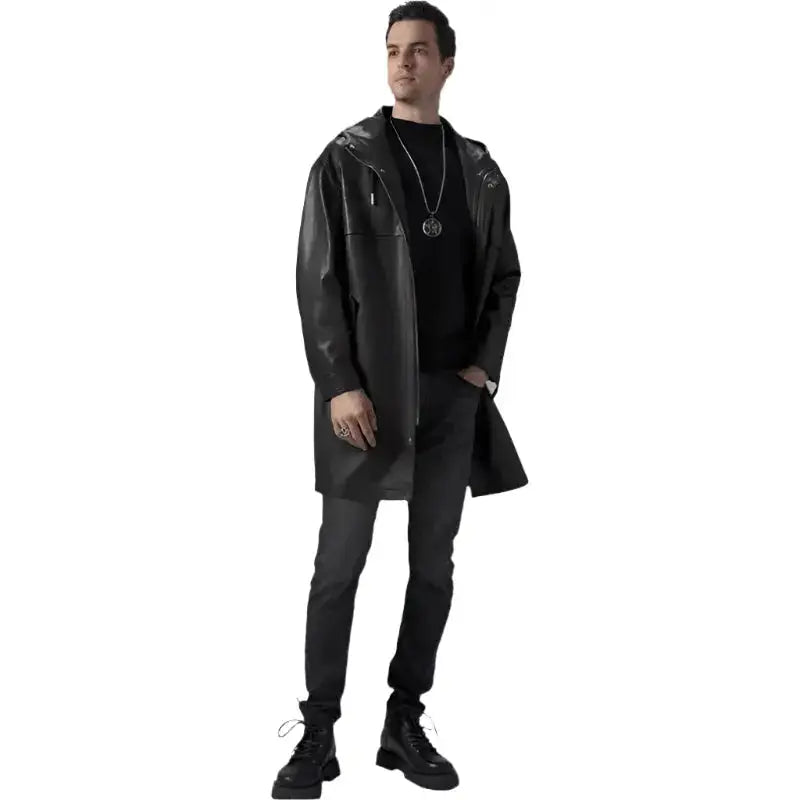 Mens Black Leather Hooded Coat - Riders Republic UK