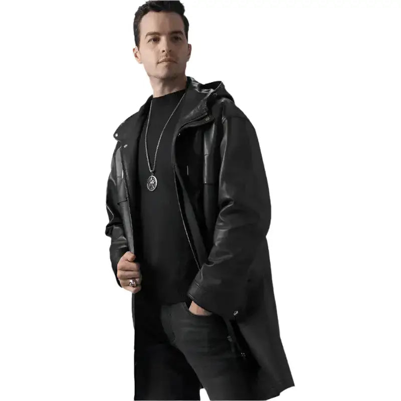 Mens Black Leather Hooded Coat - Riders Republic UK