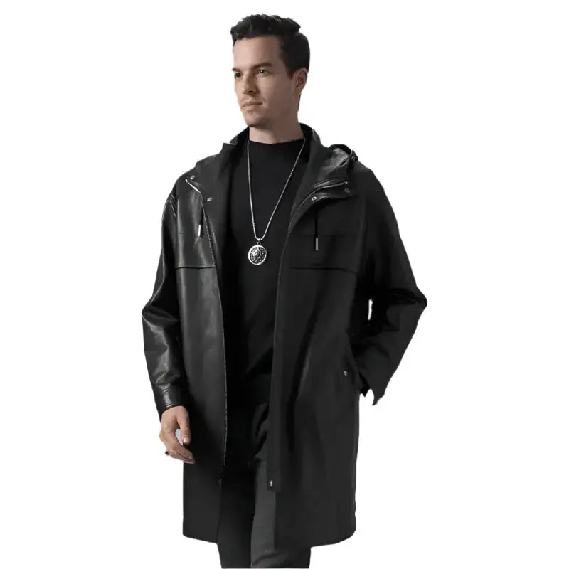 Mens Black Leather Hooded Coat - Riders Republic UK