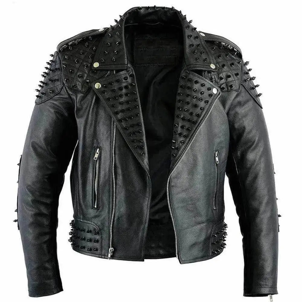 Mens Black Studded Leather Biker Jacket - Riders Republic UK