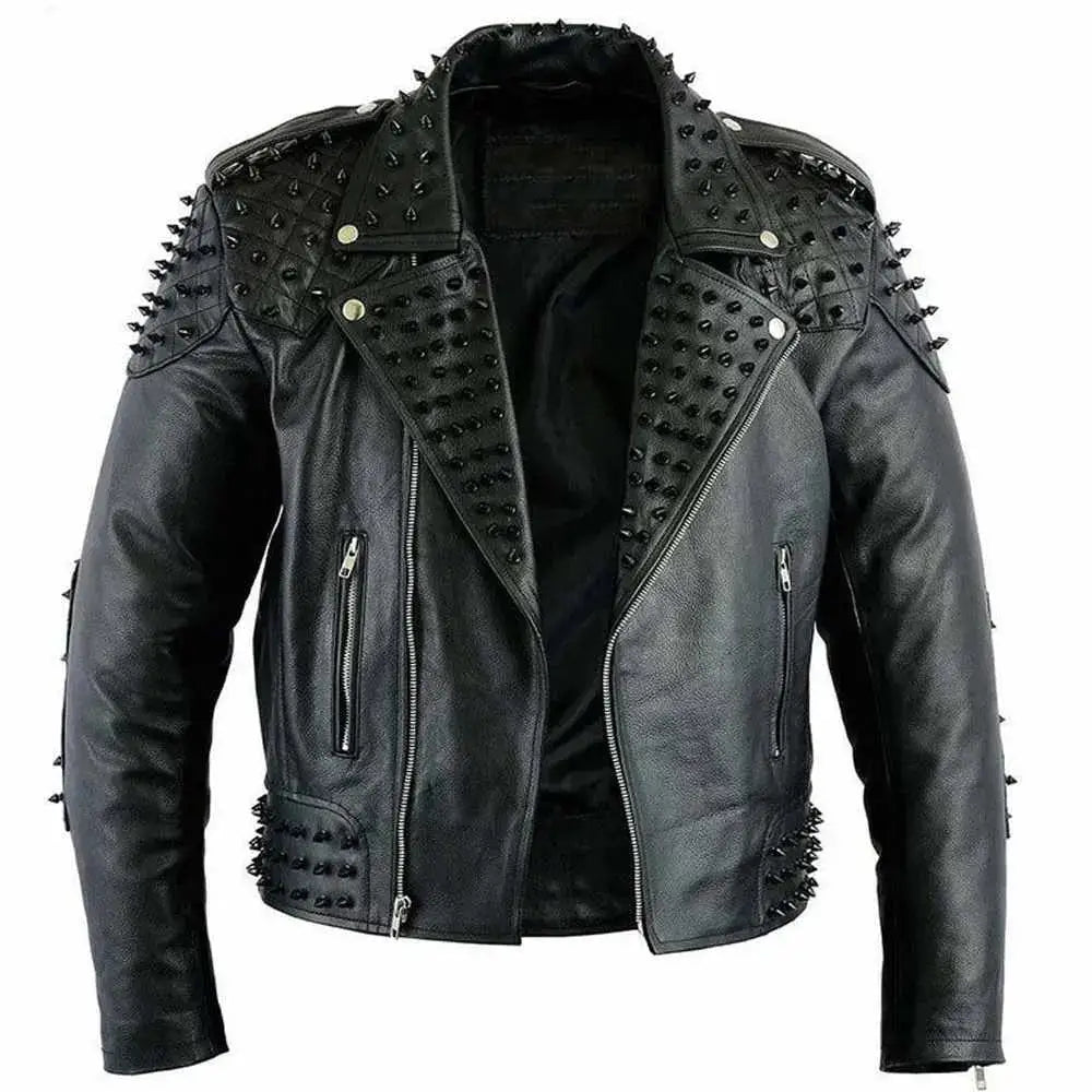 Men’s Black Studded Leather Biker Jacket - Riders Republic UK