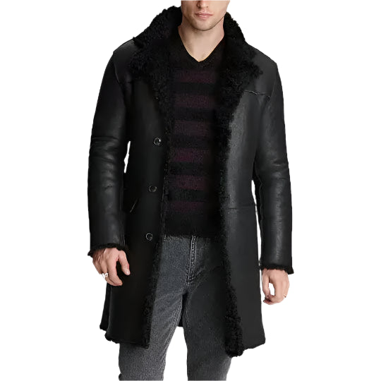 Mens Black Shearling Leather Trench Coat - Riders Republic UK