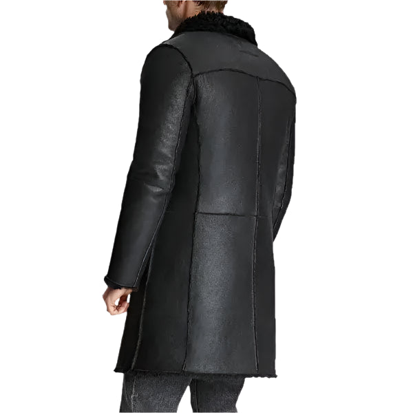 Mens Black Shearling Leather Trench Coat - Riders Republic UK