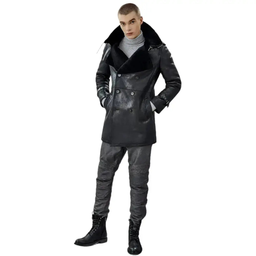 Mens Black Shearling Trench Coat - Riders Republic UK