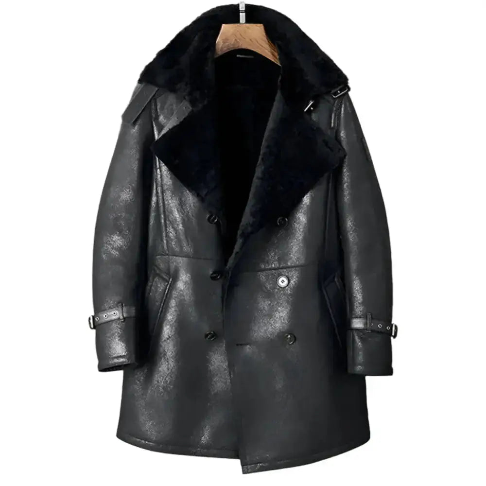 Mens Black Shearling Trench Coat - Riders Republic UK