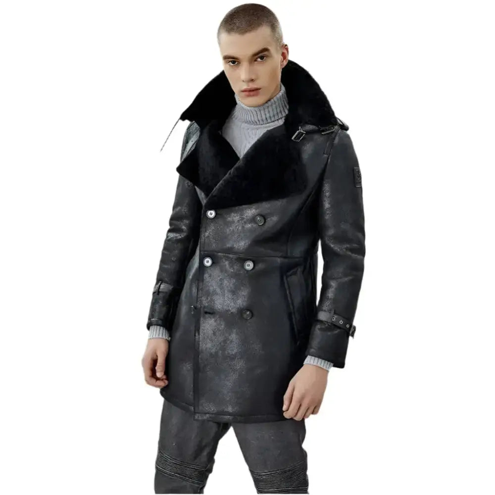 Mens Black Shearling Trench Coat - Riders Republic UK