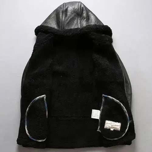 Mens Black Shearling Sheepskin Fur Hooded Coat - Riders Republic UK