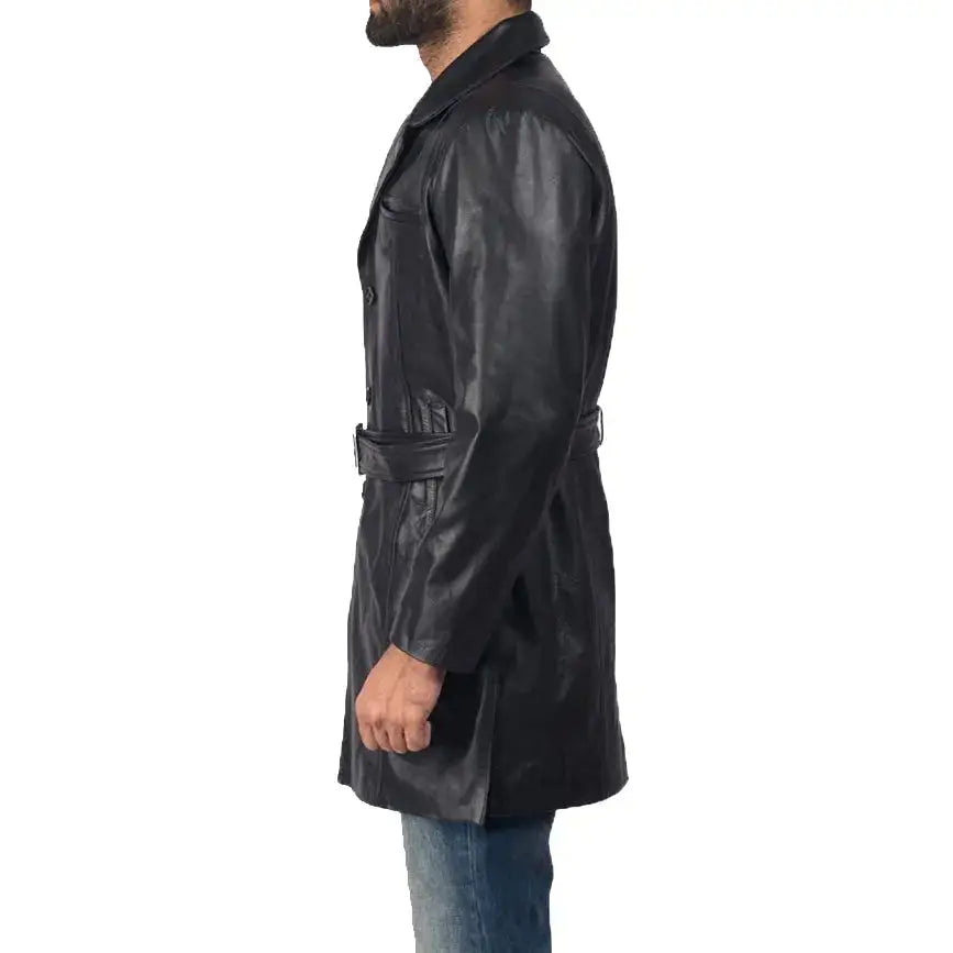 Mens Black Sheepskin Leather Trench Coat - Riders Republic UK