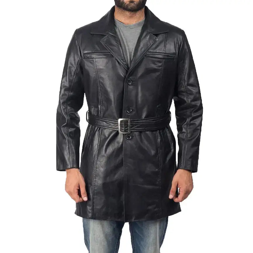 Mens Black Sheepskin Leather Trench Coat - Riders Republic UK