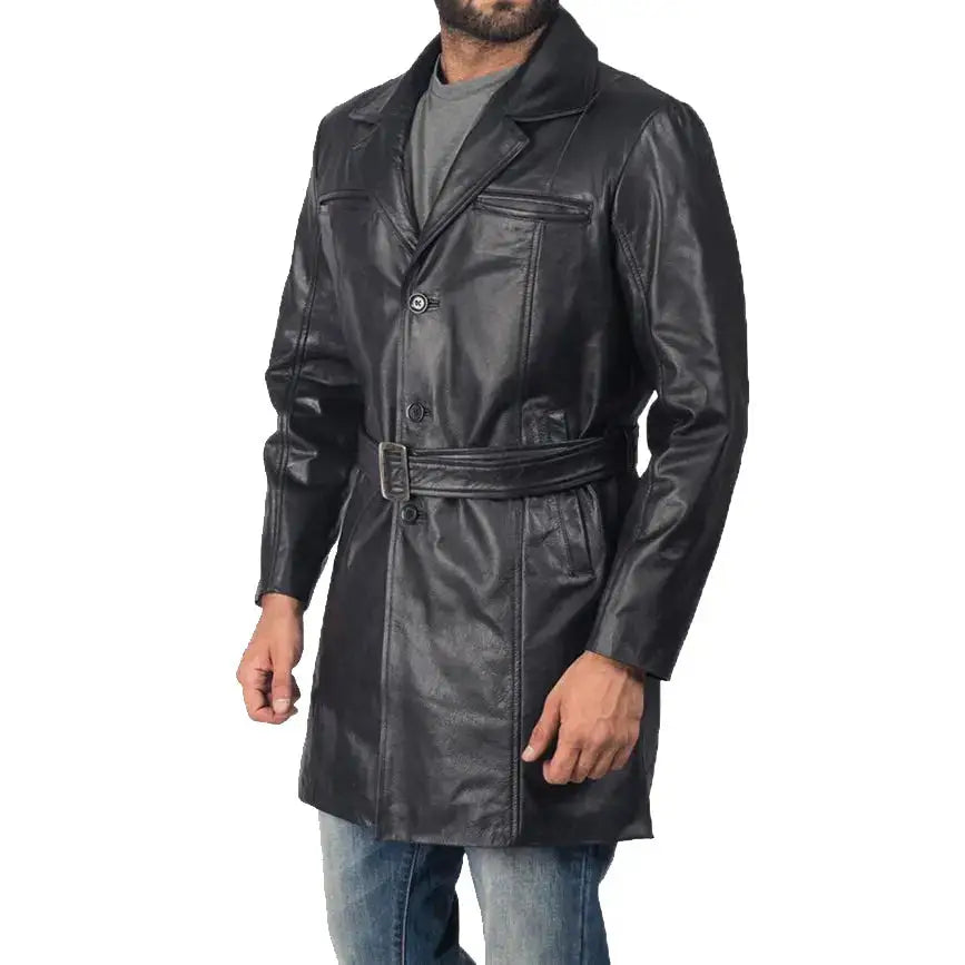 Mens Black Sheepskin Leather Trench Coat - Riders Republic UK