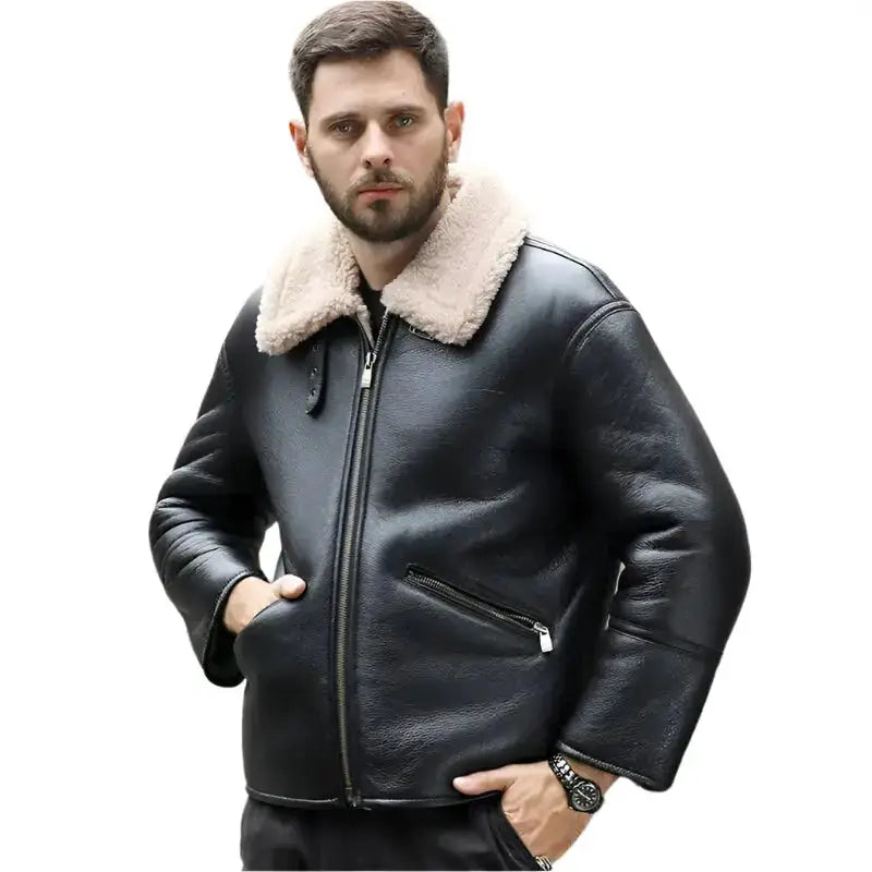 Mens Black Sheepskin Shearling Motorcycle Jacket - Riders Republic UK