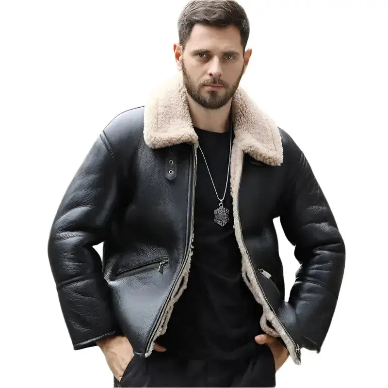 Mens Black Sheepskin Shearling Motorcycle Jacket - Riders Republic UK
