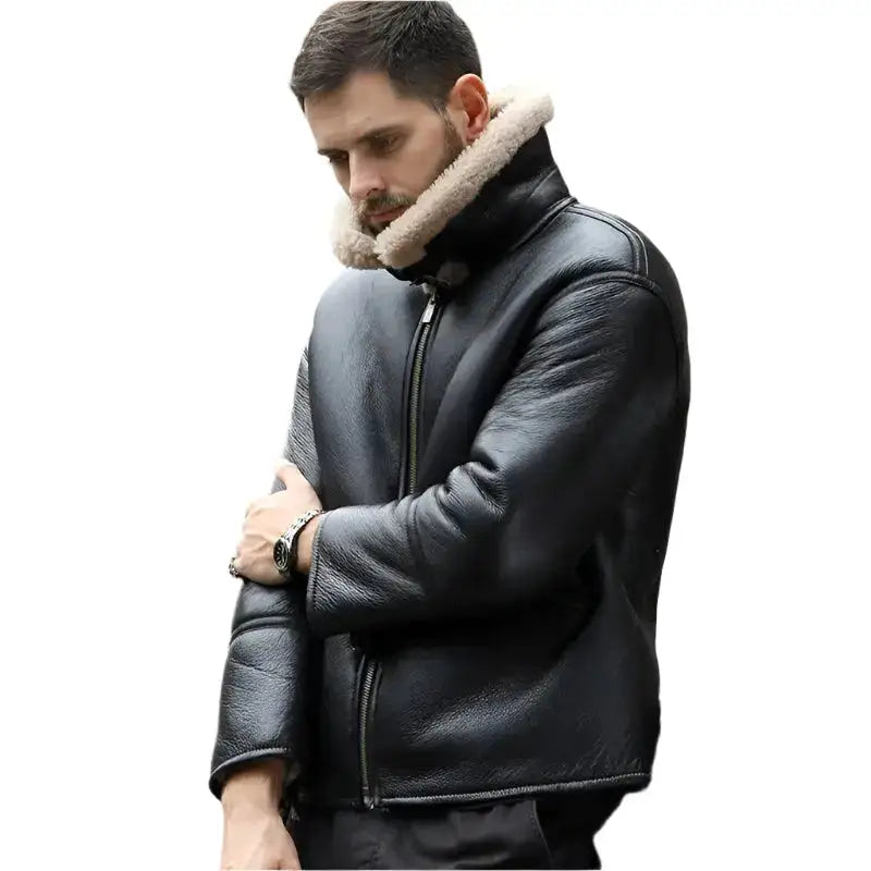 Mens Black Sheepskin Shearling Motorcycle Jacket - Riders Republic UK