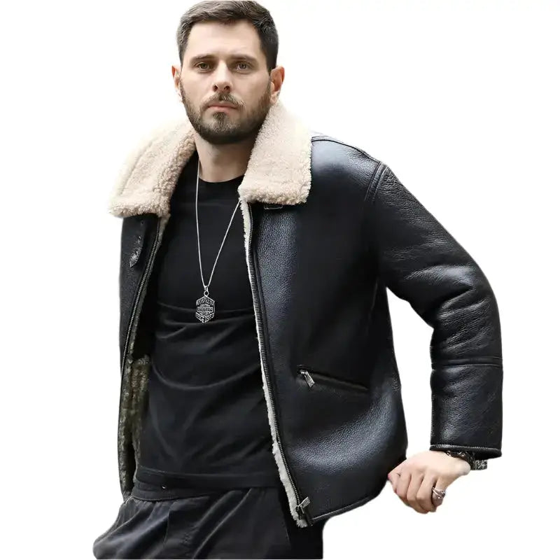Mens Black Sheepskin Shearling Motorcycle Jacket - Riders Republic UK