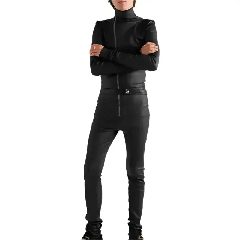 Black leather jumpsuit for men with tailored slim fit, zip front and smooth modern finish